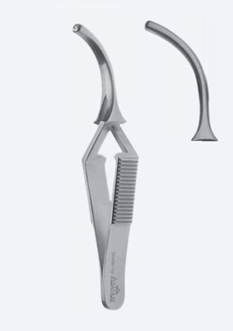 Зажими, типу "бульдог", атравматичні, De Bakey, вигнуті, довжина щелепи 38 мм, загальна довжина 97 мм. Бренд - Asanus Medizintechnik Gmb, Німеччина